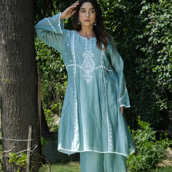 ICE BLUE MUL CHANDERI kurta set